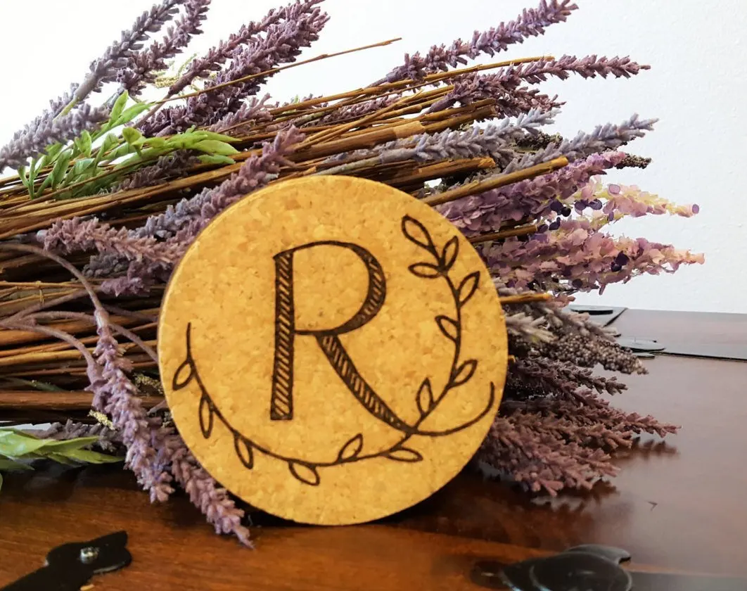 Custom Engraved Monogram Initial Coasters, Set of Four, Style 191 (Cork, 4" Round by 1/8" Thick)
