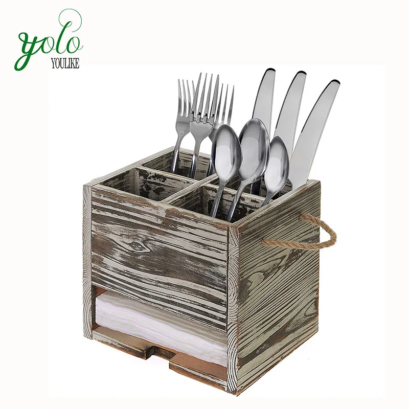 4 Compartment Rustic Torched Wood Utensil Holder Kitchen With