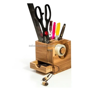 Bamboo Office Caddy Desk Organizer With Pen Holder Tape Dispenser