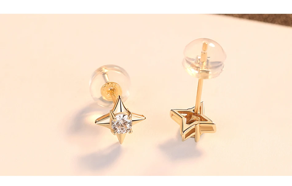 Gem&time 14k Gold Earrings Star Shape Real Gold Stud Earring Bling
