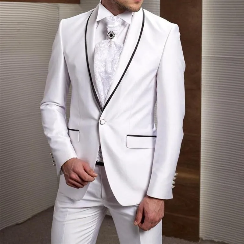 New White Slim Fit Men Suits Wedding Black Edge Groom Tuxedos 2 Pieces ...