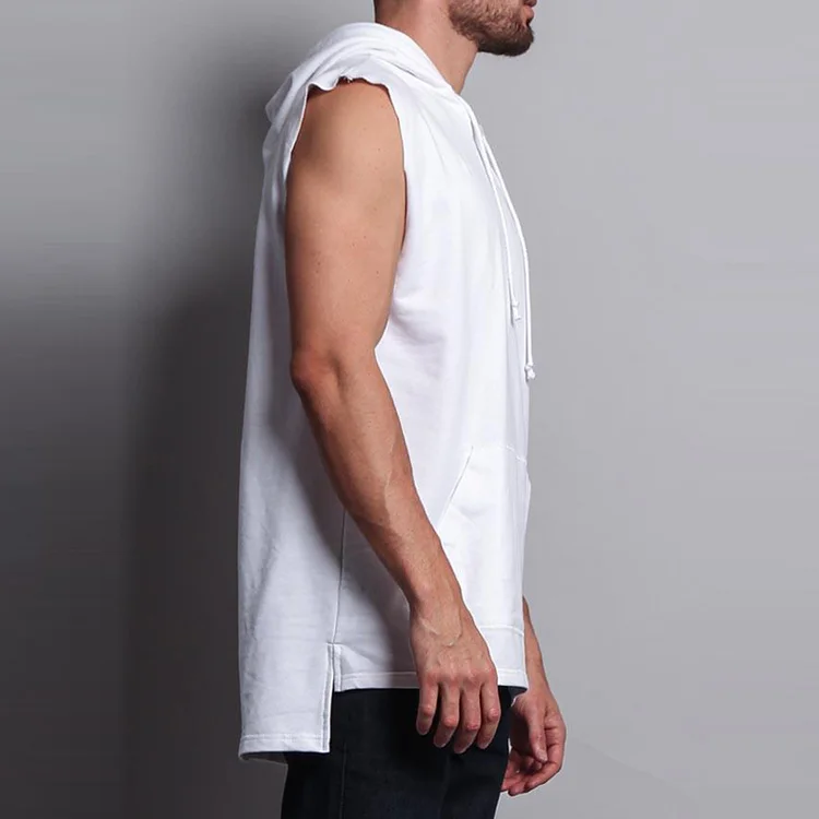 Mens Custom Work Out Gym Pullover White Tail Longline Muscle Sleeveless Hoodie