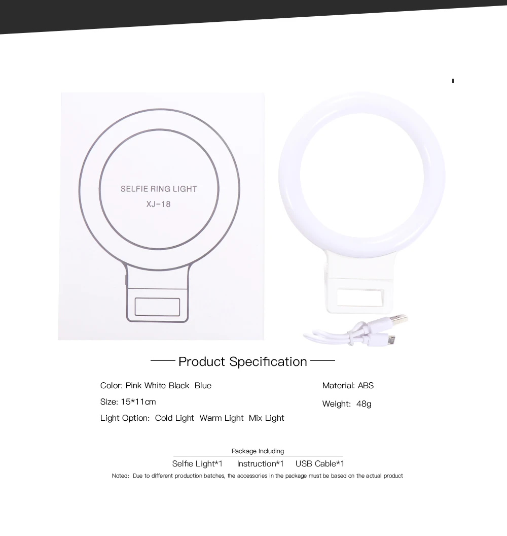 XJ-18 selfie ring light led rechargeable round shape portable selfie flash light for smartphone with 36leds two color light