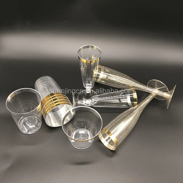 Elegant Gold Rimmed 6 Oz Clear Plastic Champagne Flutes Fancy