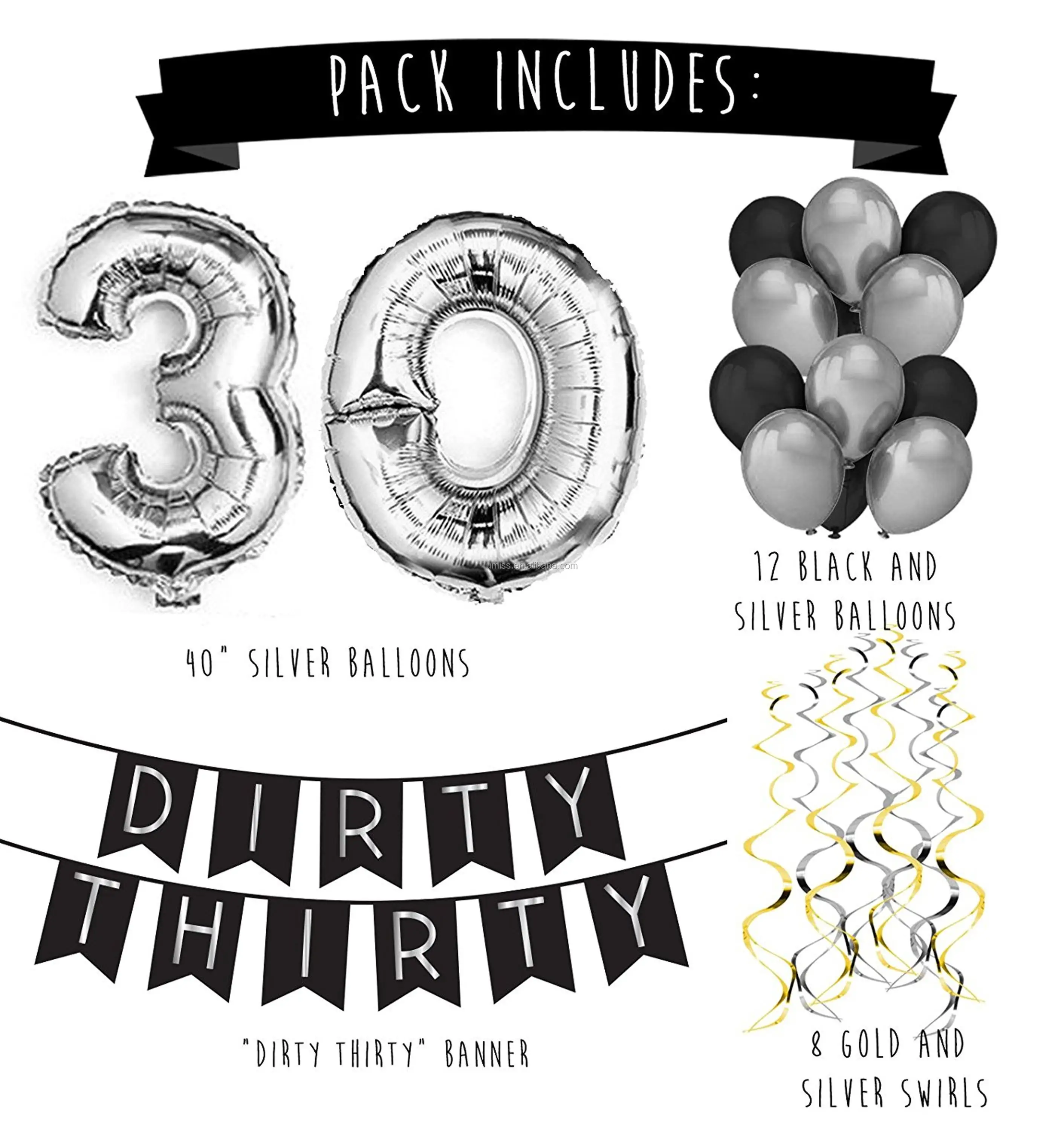 Umiss 23pcs 30th Birthday Party Supplier Black Silver Dirty