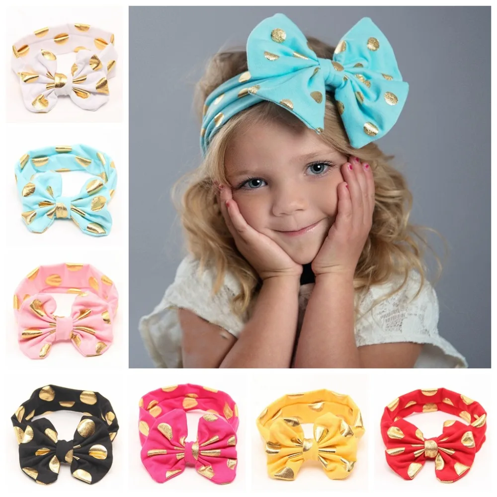 Free shipping 10 pcs lot Gold Polka Dot Messy Bow Head Wrap Metallic Bow Headband