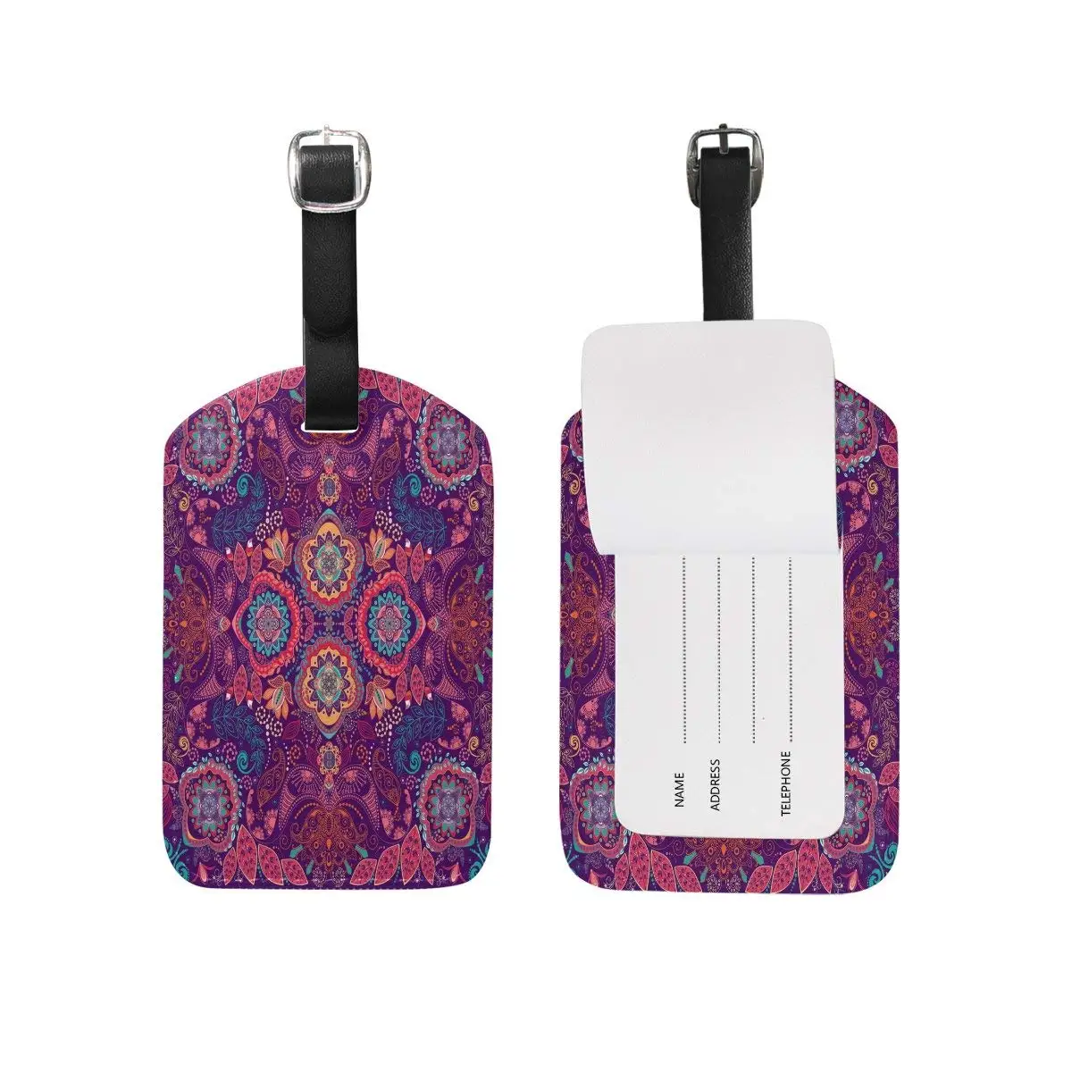 Saobao Travel Luggage Tag Hand Drawn Ornamental Seamless Pattern PU Leather Baggage Suitcase Travel ID Bag Tag 1Pcs