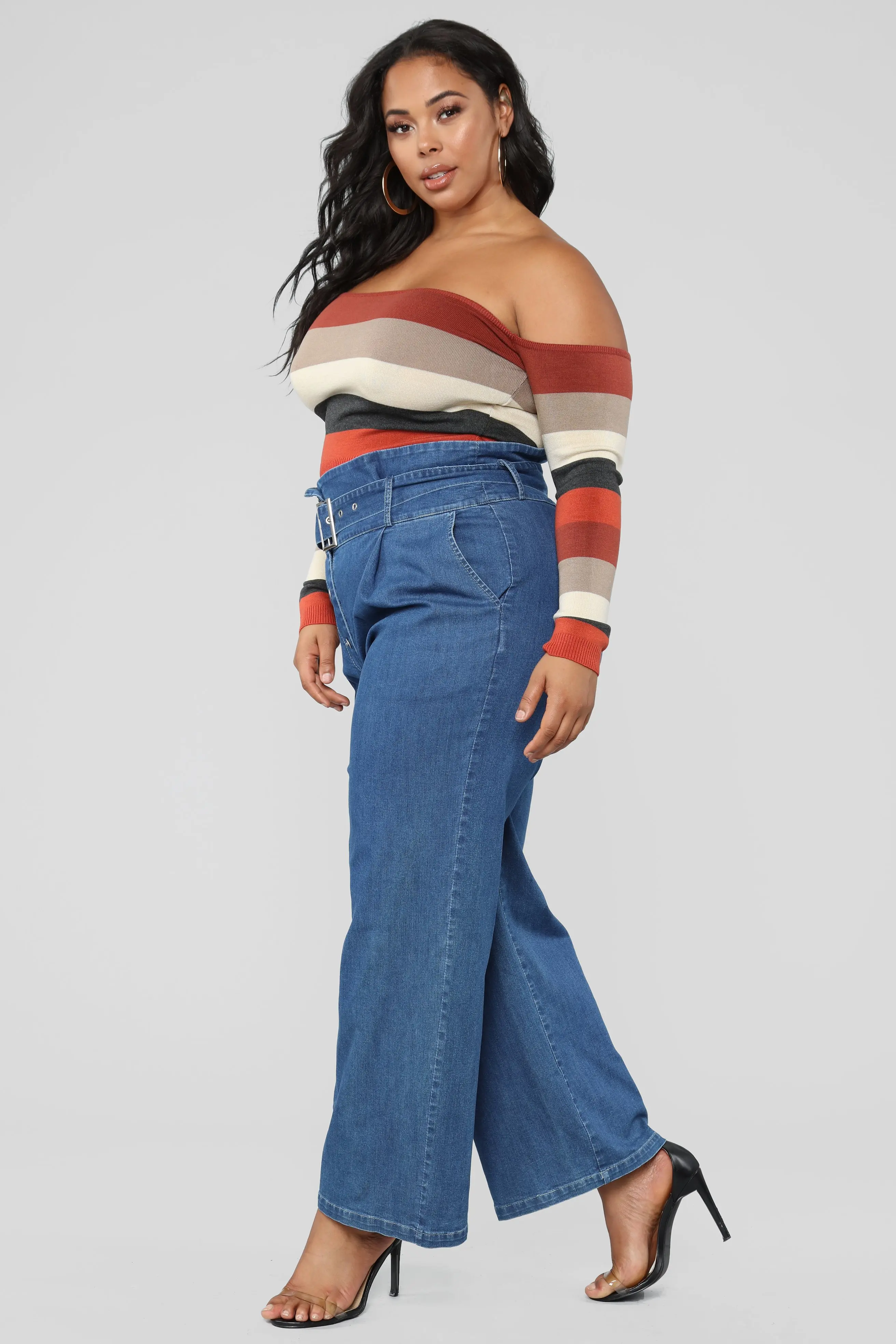 Casual Paperbag Waist With Belt Blue Denim European Style Wide Leg Jeans for Women