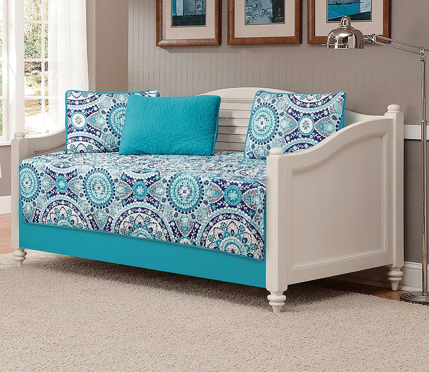 Fancy Collection 5pc DayBed Quilted Bedspread Coverlet Set Floral Turquoise Blue Gray Teal New