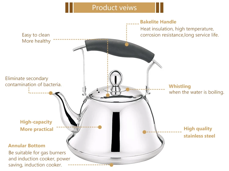 2.5 L fixed wooden handle stainless steel kettle whistle for home 2.5 L fixed wooden handle