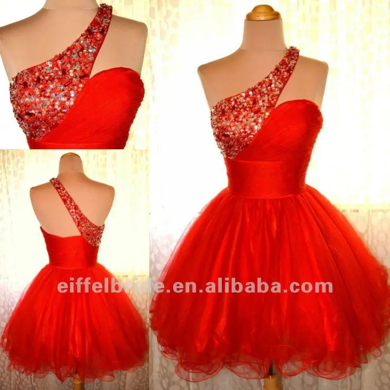 Pas cher rouge une épaule Tulle court réel photos de robe de Cocktail