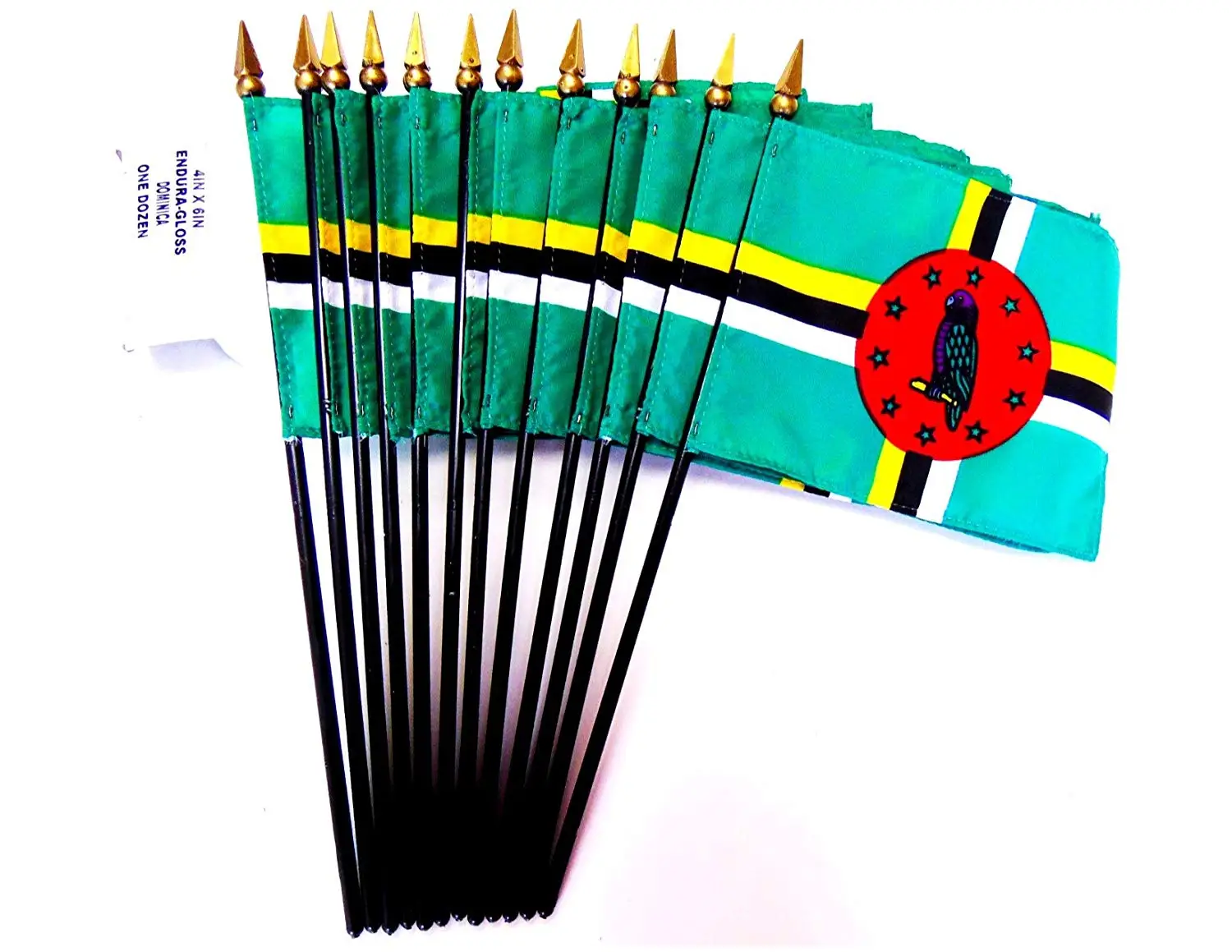 MADE IN USA!! Box of 12 Dominica 4"x6" Miniature Desk & Table Flags; 12 American Made Small Mini Dominican Flags in a Custom Made Cardboard Box Specifically Made for These Flags