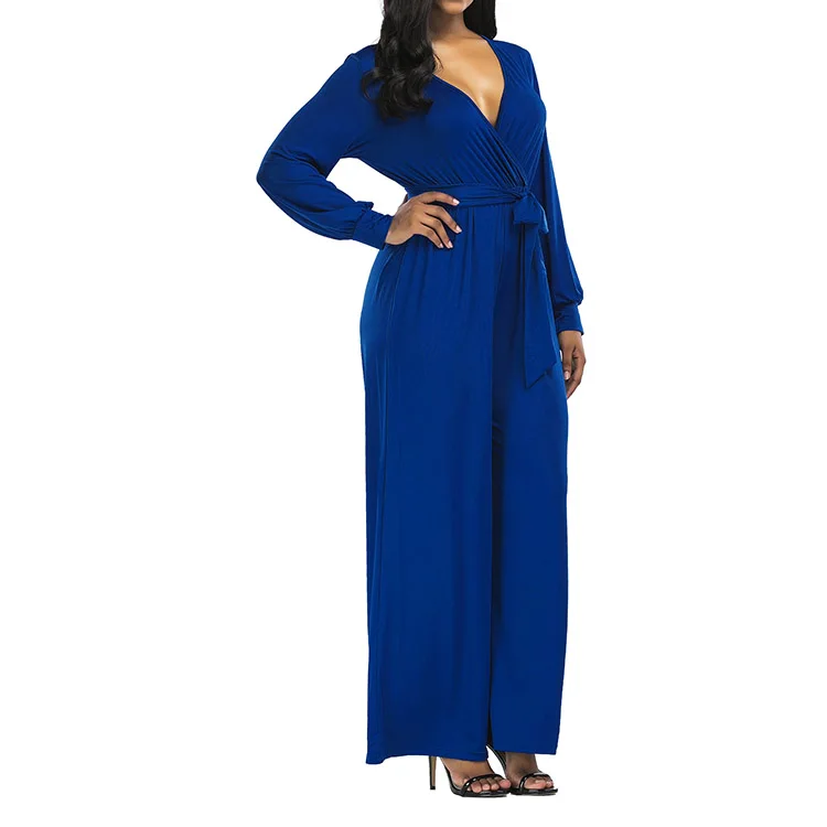 Sample Accepted Deep V Front Wrap Woman Ladies Wide Leg Jumpsuit With Waistband