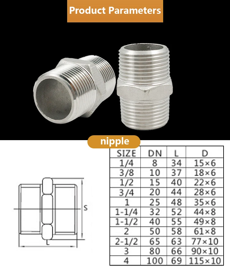 High Pressure Stainless Steel Nipple Hex Nipple Male To Male Pipe Fittings Stainless Steel Ss304
