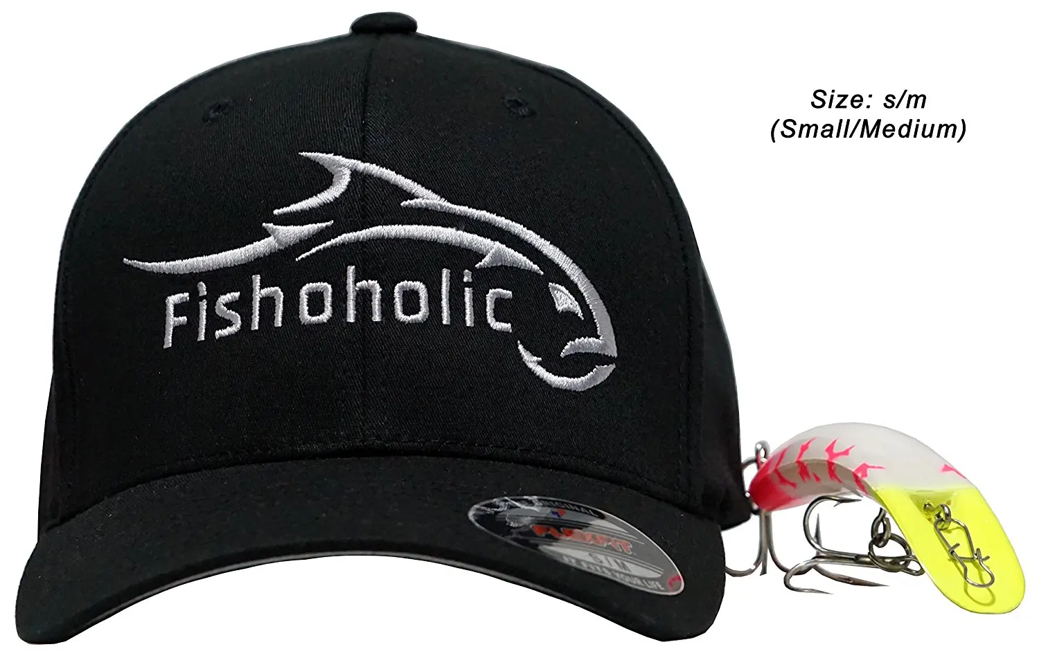 Fishoholic Flexfit Black Baseball Fishing Hat. Fishaholic ALL SILVER Embroidery Front & Back Small/Medium. Great Gift. Free Sticker. USPTO Registered (R) Trademark. (FF-blk-SlvSLVR-S/M)