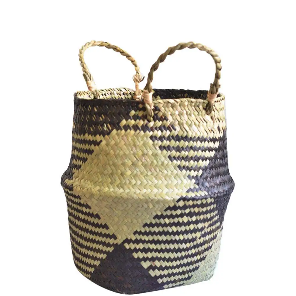 Goodtrade81 Wall Flower Basket Seagrass Wicker Pot Folding Basket Dirty Basket Storage Hanging Home Decoration for Living Room Yard Corridor (Black)