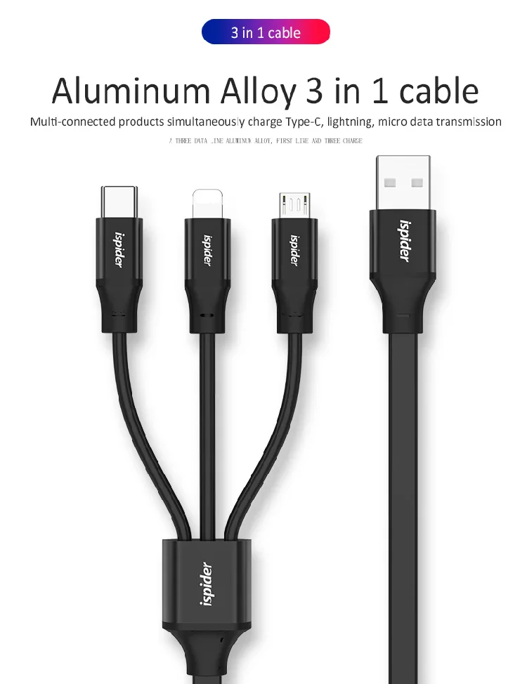 ispider Hot Sale Multi Charging USB Data Cable 3 In 1 for Iphone & Micro Usb & Type c USB Cable