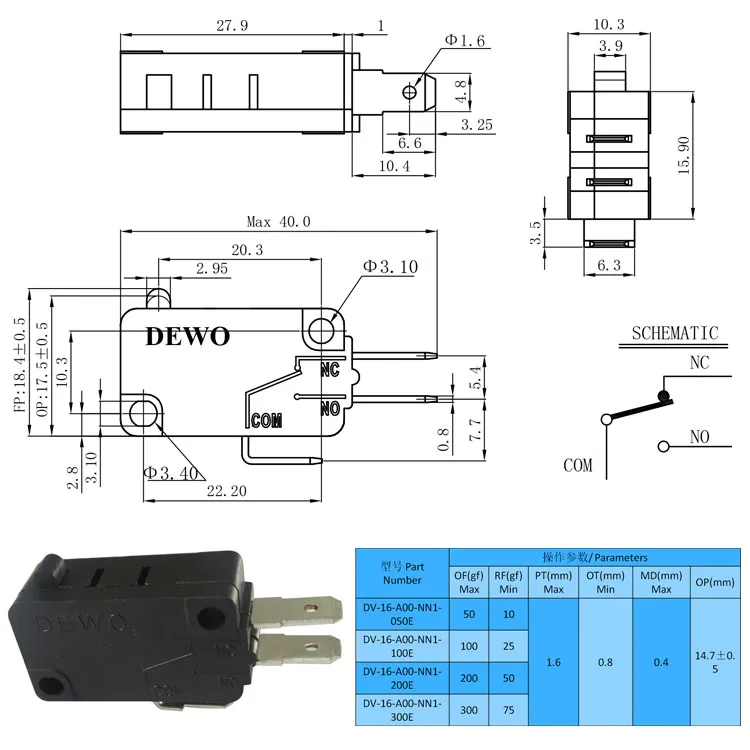 Kw3a Push Button Snap Action 250v 16a 40t85 1e4 Micro Switch - Buy ...