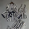 Women Pajamas Sets 3 Pieces Fashion Spaghetti Strap Tops Satin Sleepwear Female Stripes Long Sleeve Summer Home Clothing Pijama