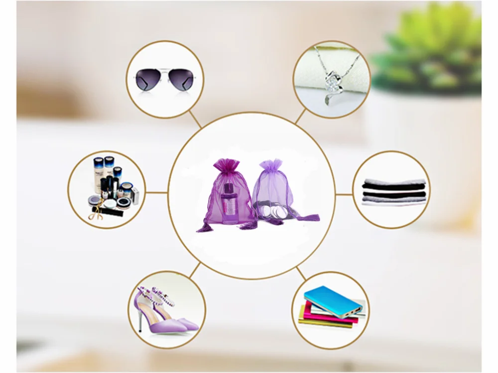 New style cheap purple organza drawstring gift bag with tassel 