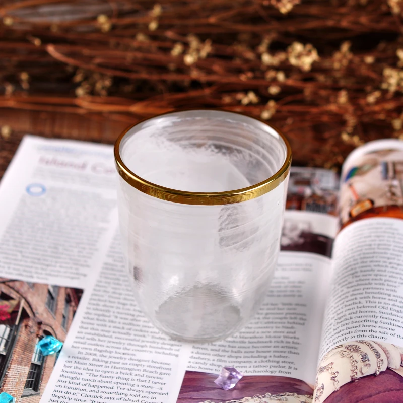 Thin smoke white glass candle jars with gold rim home decoration wholesale