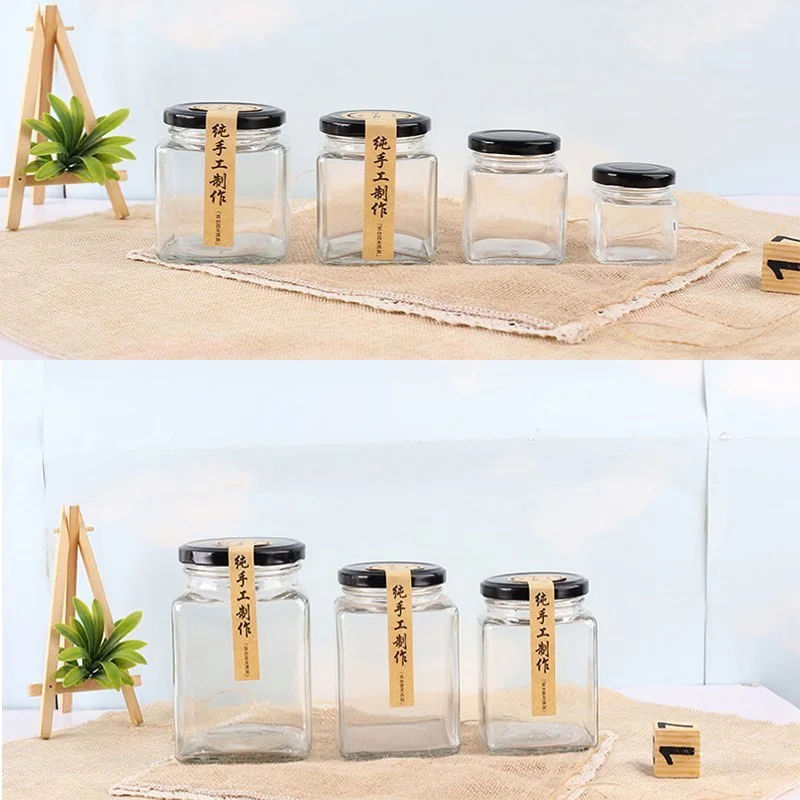 50, 100, 200, 280, 380, 500, 730ml Square Clear Glass Honey Jam Sauce Jar Storage bottles&jars