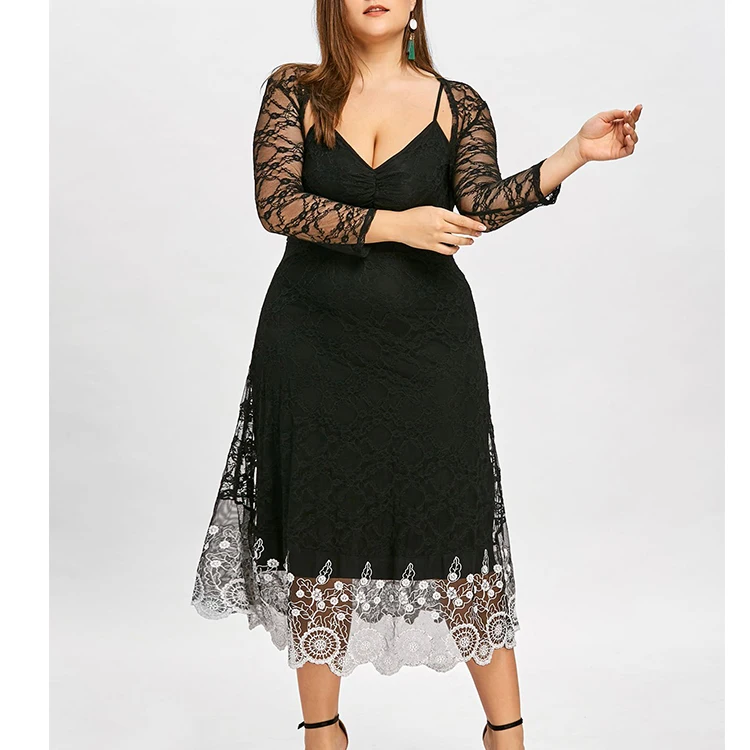 Fashion Plus Size Sex Black Lace Fat Women Long Sleeve Dress Plus Size 6441