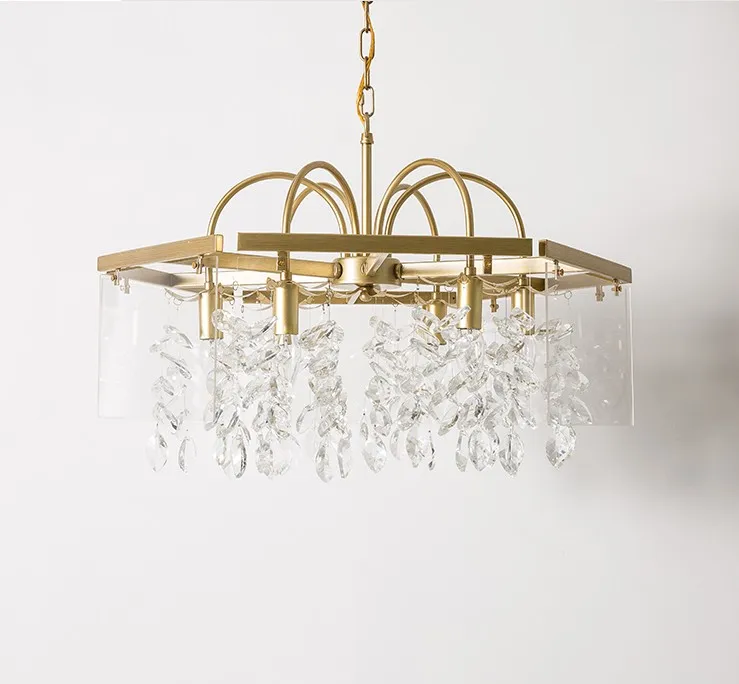 Chinese crystal chandelier flush mount 6 lights Square glass chandelier lamp 70cm modern iron art brass lamp