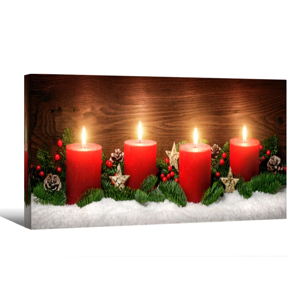 Modern Prints Poster Christmas Snow Scene Light up Candle LED Wall Art Home Framed Decor Canvas Painting