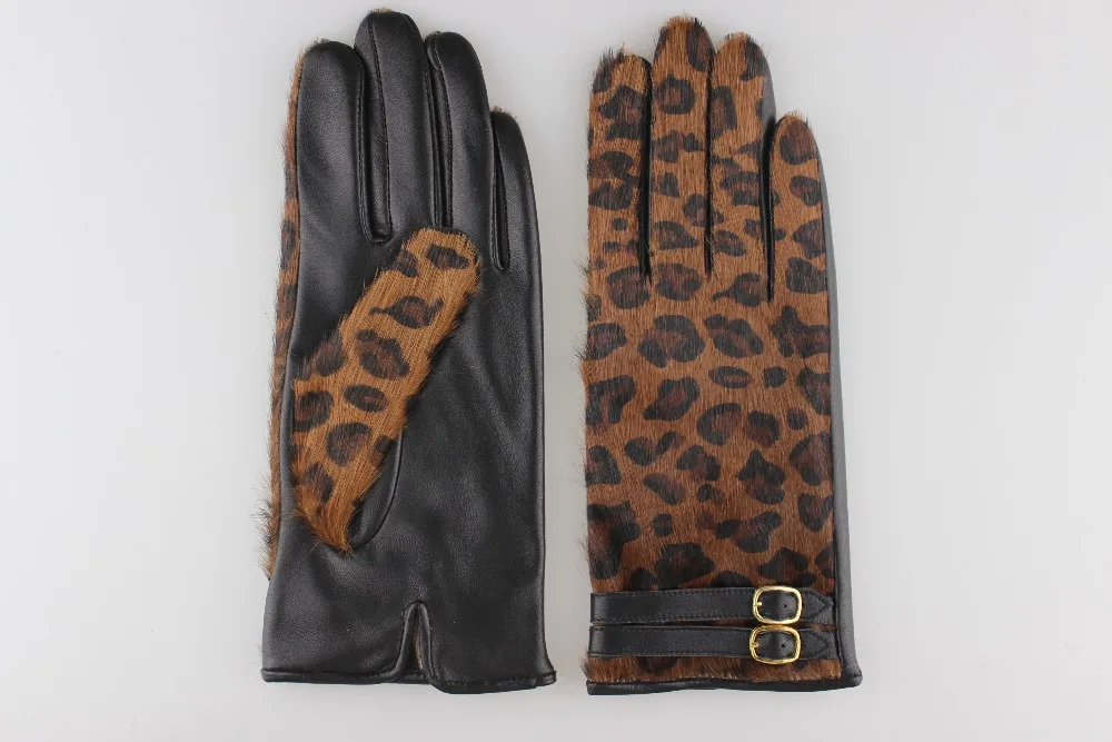 Fashion horse fur leather gloves with belt decorate