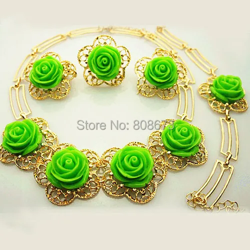 18K Gold Plated Pretty Green Rose Flower Jewelry Sets Elegant Women Gold Jewelry Set