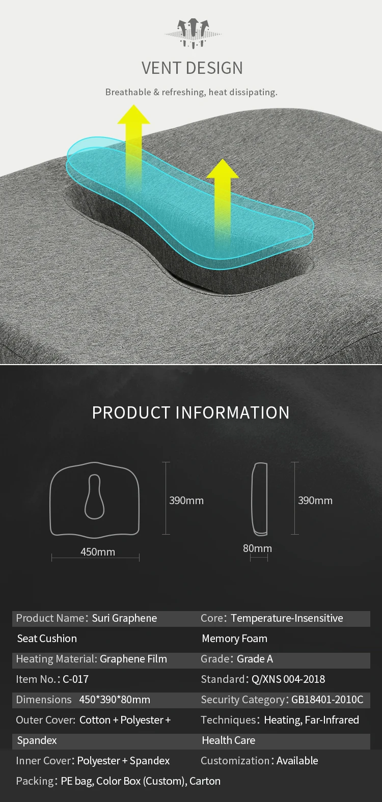 Graphene Usb Memory Foam Car Heating Cushion Rechargeable Battery Powered Heated Car Seat Cushion
