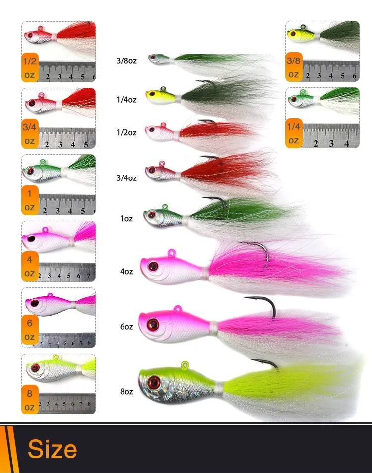 Bucktail Jigs Saltwater Hair Jigs Head Flukes Fishing Lures Assorted