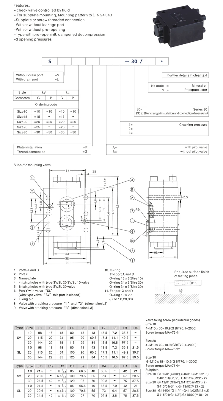 SV SL Rexroth type high pressure pilot operated Hydraulic Lock check valve