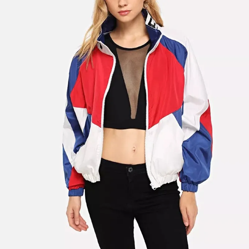 High Quality Color Block Letter Print Bomber Jacket Women Windbreaker Outdoor Zip Up Lightweight 5224