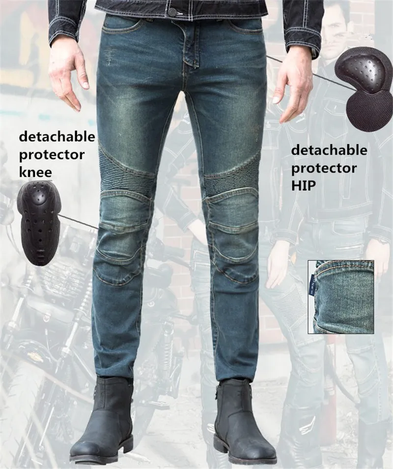 Frete grátis calça jeans motocicleta proteção destacável joelho * 2 anca * 2
