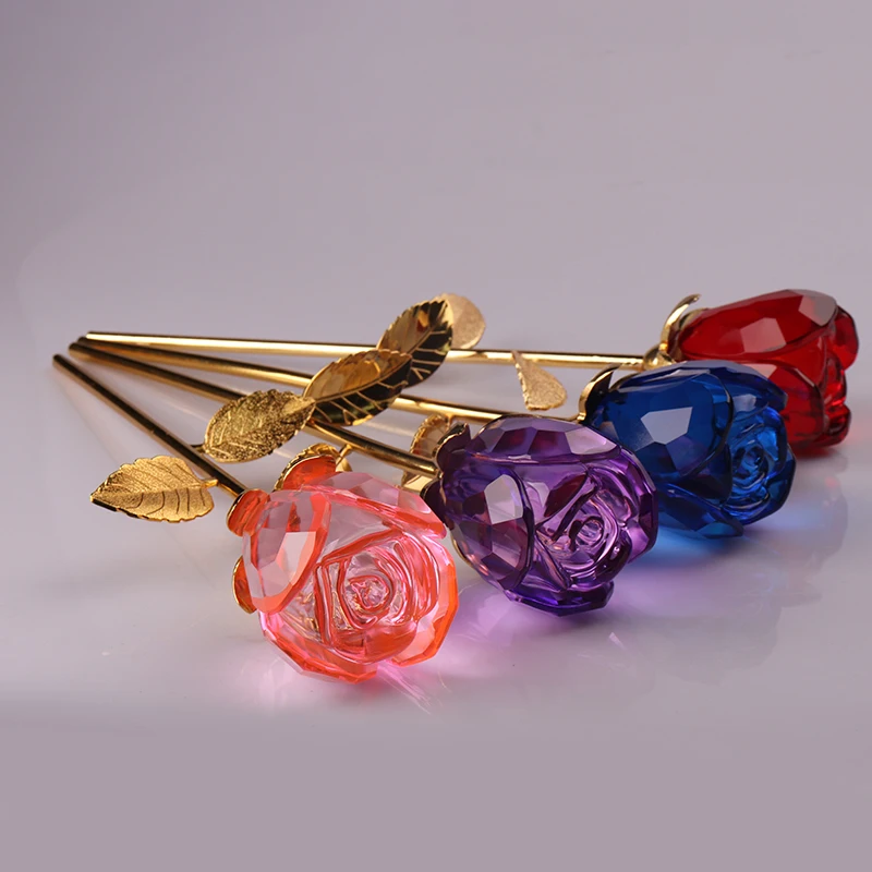 Newest Forever Pink Crystal Long Stem Rose Glass Flower Bud For