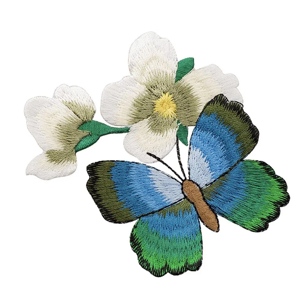 XUNHUI Butterfly and White Flower Patches Embroidered for Clothing Iron Applique Clothes Stickers Badge DIY 1 Piece