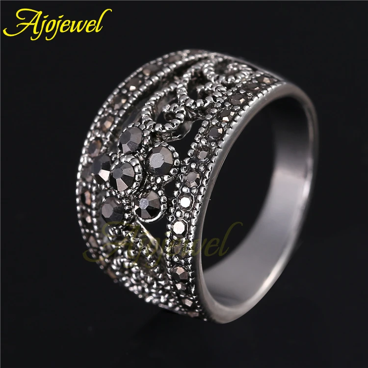 Ajojewel brand 18k white gold plated cute black cz 5 petal flower antique jewelry ring for