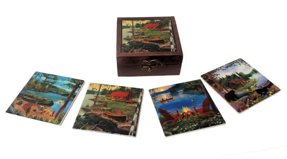 Cabin Decor Coasters Set of 4 Coasters with Cabin Scenes and Wooden Storage Box