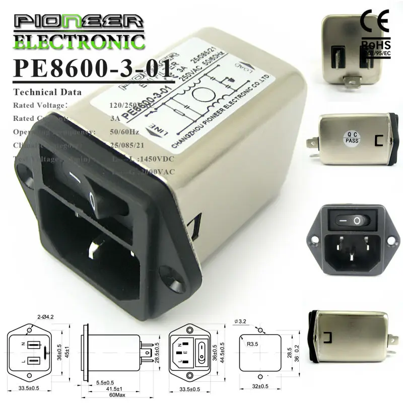 Pe8600301 3a 120v/250v Power Entry Module With Mains Switch Iec Rf