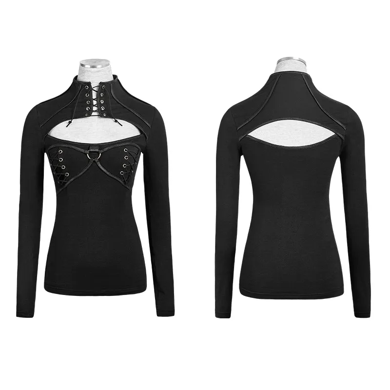 T-437 Steampunk New design Black Women Casual Close-fitting Hollow Stripe T-shirt