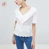 Newest Embroidery Eyelet Pattern Ruffle V-neck Tee Women Adjustable Waist Tops