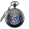Antique Skeleton Blue Roman Numerals Dial Black Alloy Case Mechanical Hand Wind Long Fob Chain Clock Men Pocket Watch