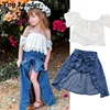 2018 Fashion Children Girl Summer Clothes Off Shoulder Lace White Tops+Denim Shorts Ruffles Bow Skirt Outfit Kids Clothing Set