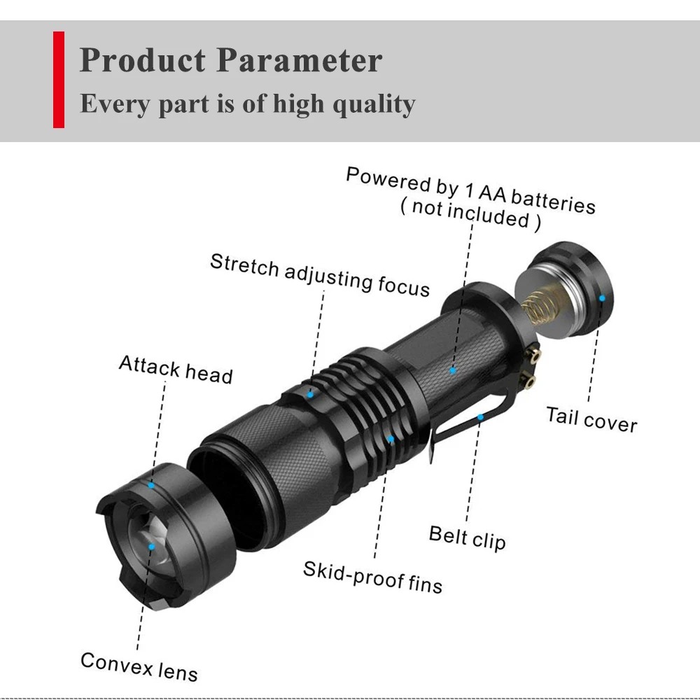 The best aluminum alloy full size aa zoomable mini LED edc flashlight in the world for emergency supplier