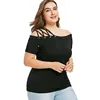 Fashion black short sleeve off shoulder cross ladies plain plus size t-shirt
