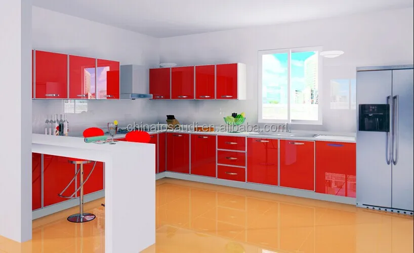 Red Color High Gloss Kitchen Cabinet Doors Customized Kitchen