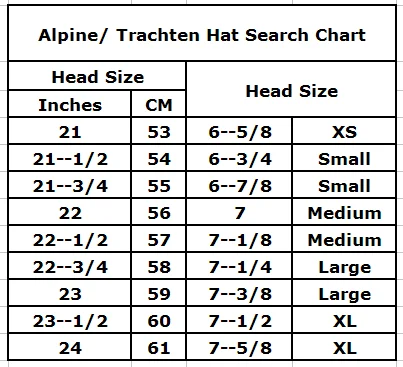 Borsalino Hat Size Chart