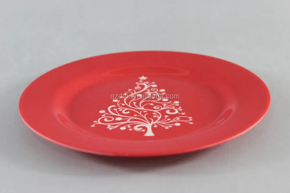 Christmas Tree Print Melamine Round Plate In Red